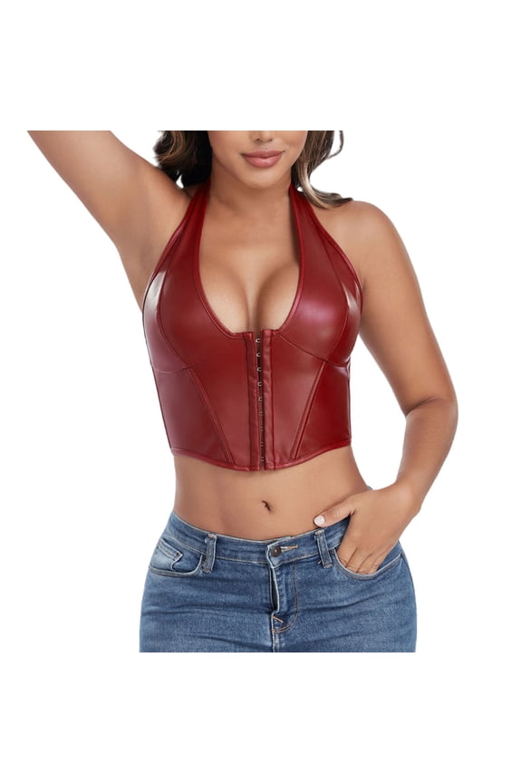 Womens PU Leather Halter Neck Tank Tops Lace up Backless Corset Bustier Fashion Y2k Going out Party Vest Clubwear with Hook Eye Fastener Red L