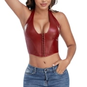 Arlun Womens PU Leather Halter Neck Tank Tops Lace up Backless Corset Bustier Fashion Y2k Going out Party Vest Clubwear with Hook Eye Fastener Red L