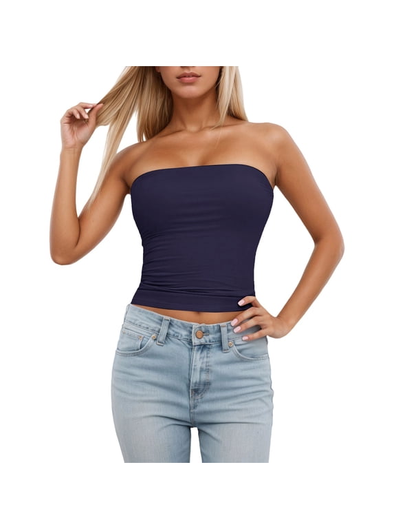 Womens Padded Tube Tops with Built in Bras Push up Strapless Stretch Bodycon Bandeau Top Soft Comfy Sleeveless Backless Detachable Thin Cups Summer Basic Tops 1—Navy XS