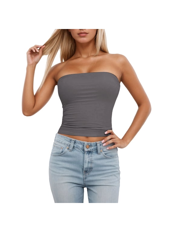 Womens Padded Tube Tops with Built in Bras Push up Strapless Stretch Bodycon Bandeau Top Soft Comfy Sleeveless Backless Detachable Thin Cups Summer Basic Tops 1—Grey S