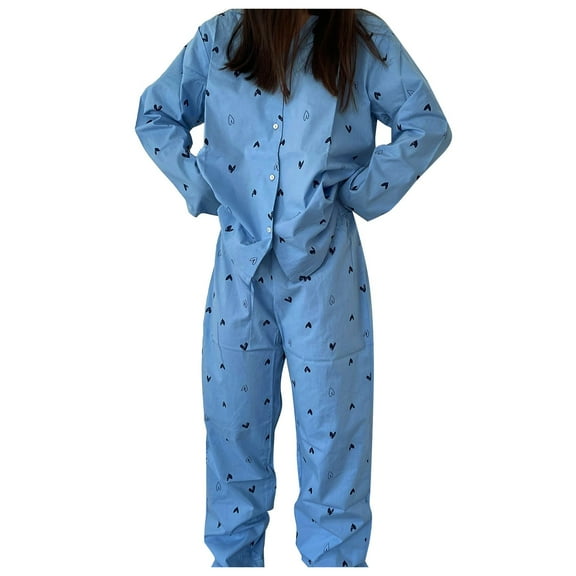 Arlun Womens Pajama Sets Button Down Long Sleeve Trousers Pajamas Set Fashion Heart/Floral/Cute Pattern Printed Lightweight Comfy 2 Piece Casual Pjs Loose Soft Breathable Loungewear Blue XL