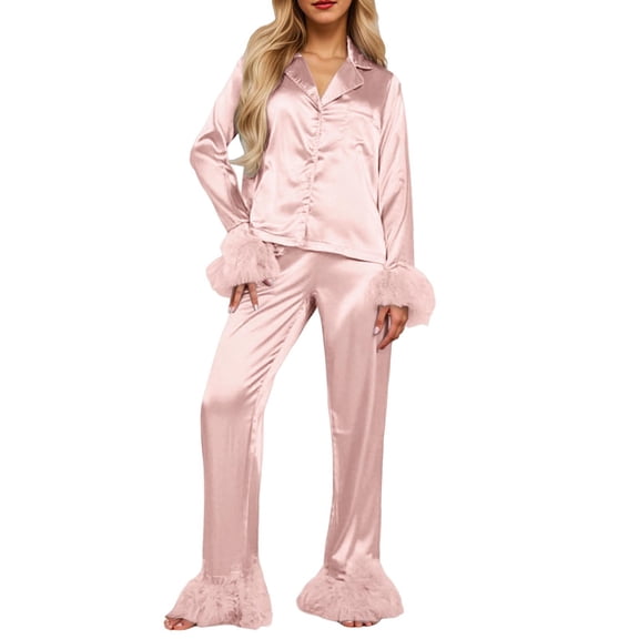 Arlun Womens Pajamas Set 2 Piece Solid Color Feathers Fuzzy Button down Long Sleeve Pjs with Pants Soft Satin Sleepwear Comfortable Loungewear with Chest Pocket Pink L