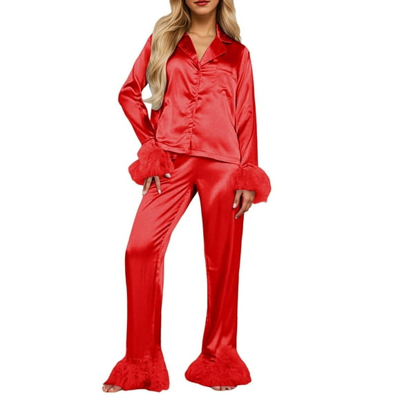 Arlun Womens Pajamas Set 2 Piece Solid Color Feathers Fuzzy Button down Long Sleeve Pjs with Pants Soft Satin Sleepwear Comfortable Loungewear with Chest Pocket Red M