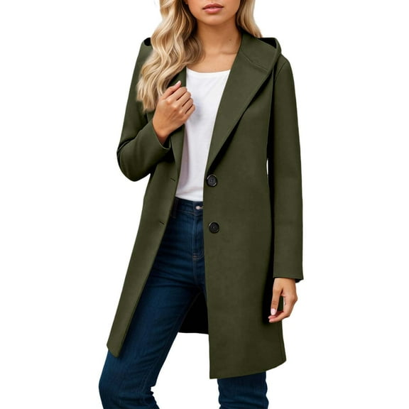 Arlun Womens Peacoat Winter Warm Long Sleeve Notch Lapel Mid Long Trench Coats Wool Blend Open Front Solid Color Soft Comfy Work Casual Wear Hooded Overcoat Green S