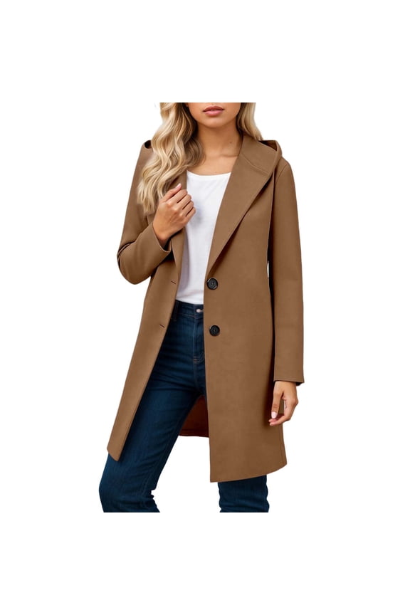 Womens Peacoat Winter Warm Long Sleeve Notch Lapel Mid Long Trench Coats Wool Blend Open Front Solid Color Soft Comfy Work Casual Wear Hooded Overcoat Coffee S