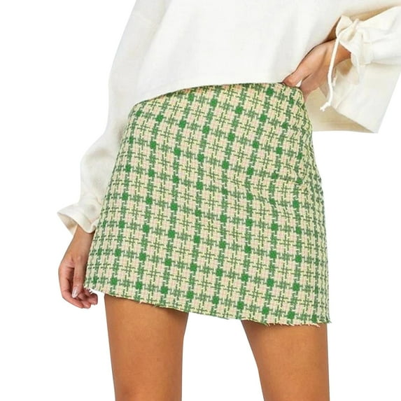 Arlun Womens Plaid Wool Mini Skirts Fall Winter Small Fragrant High Waist Bodycon Pencil Short Skirts Vintage Woolen Zipper Comfort Tartan Skirt Green S