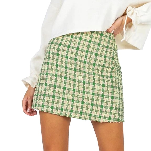 Arlun Womens Plaid Wool Mini Skirts Fall Winter Small Fragrant High Waist Bodycon Pencil Short Skirts Vintage Woolen Zipper Comfort Tartan Skirt Green S