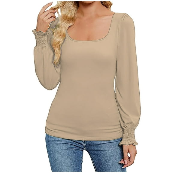 Arlun,Womens Plain Basic T Shirts Crewneck Smocked Striped Fall Casual Tops Plus Size Women's Long Sleeve Slim Fit Comfortable Workout Tshirts Clothes Beige L