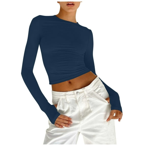 Arlun,Womens Plain Thin T Shirts Casual Crew Neck Stretchy Tight Tops Women's Soft Comfortable Lightweight Breathable Long Sleeve Finger Button Workout Tshirts Blue M
