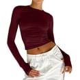 thumbnail image 1 of Arlun,Womens Plain Thin T Shirts Casual Crew Neck Stretchy Tight Tops Women's Soft Comfortable Lightweight Breathable Long Sleeve Finger Button Workout Tshirts Wine7 XS, 1 of 6