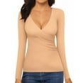 thumbnail image 1 of Arlun,Womens Plain Wrap Stretchy Tight T Shirts Sexy Deep V-Neck Long Sleeve Solid Color Simple Tops Women's Ruched Slim Fit Fall Thin Tshirts Beige L, 1 of 4
