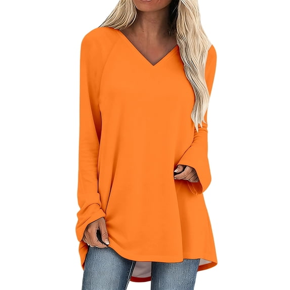 Arlun Womens Plus Size Long Sleeve T Shirts Plain Color V-Neck Basic Tee Tops Loose Comfort Fit Soft Lightweight Base Layer Outfits for Daily Wear Orange XXL