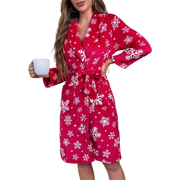 Arlun Womens Plush Flannel Robes Fashion White Snowflake Printed Fluffy Fuzzy Cozy Warm Bathrobe Long Sleeve Knee Length Belted Wrap Loungewear Sleepwear Housecoat Red M