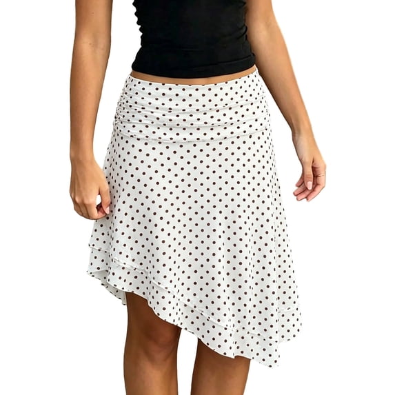 Arlun Womens Polka Dot Midi Skirt Vintage Asymmetrical Ruffle Hem Sheer Mesh Retro Knee Length Skirts Fashion Going out Summer Breathable Casual Skirt with Double Layer White1 XL