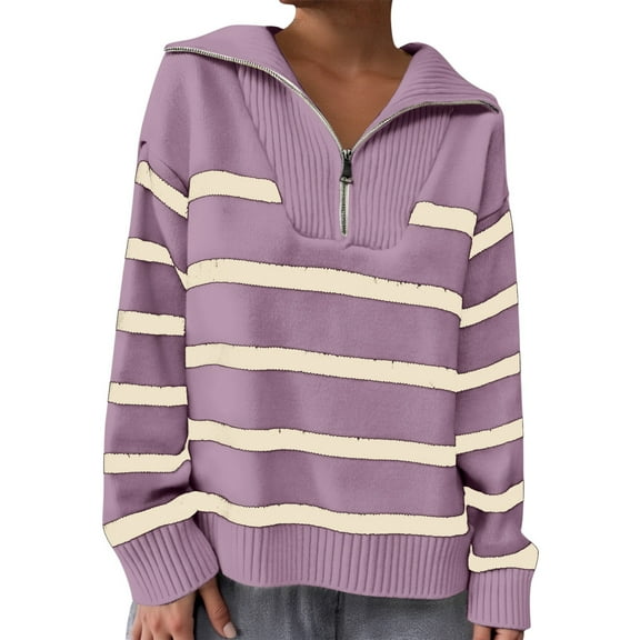 Arlun Womens Quarter Zip Striped Sweaters Casual V Neck Long Sleeve Knit Collared Pullovers Loose Fit Comfy 2025 Winter Fall Fashion Sweater Tops Purple One Size