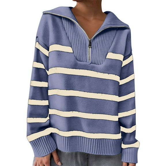 Arlun Womens Quarter Zip Striped Sweaters Casual V Neck Long Sleeve Knit Collared Pullovers Loose Fit Comfy 2025 Winter Fall Fashion Sweater Tops Blue One Size