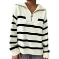 thumbnail image 1 of Arlun Womens Quarter Zip Striped Sweaters Casual V Neck Long Sleeve Knit Collared Pullovers Loose Fit Comfy 2025 Winter Fall Fashion Sweater Tops White One Size, 1 of 4