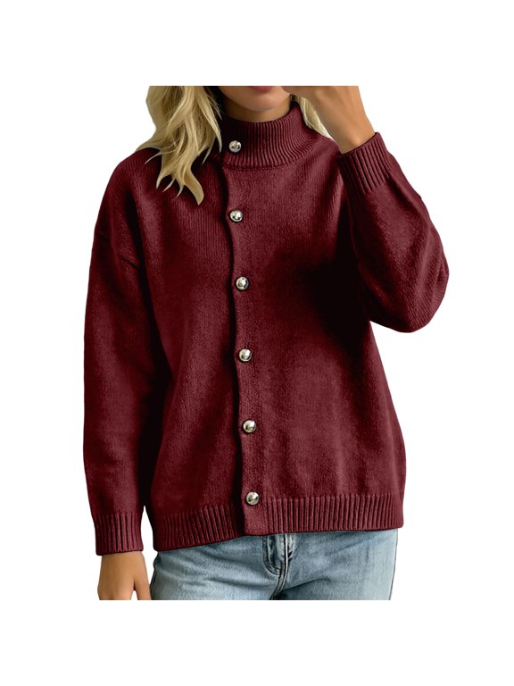 Womens Ribbed Neck Cardigan Sweaters Casual Loose Long Sleeve Button up Knit Fall Sweater Trendy Style Stretchy Ribbing Hem Soft Warmth Cozy Jumper Tops L