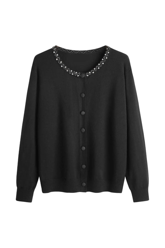 Womens Round Neck Beaded Knit Cardigans Single Loose Long Sleeve Sweater Fall Winter Lightweight Soft Comfy Jumper Thick Tops 2025 Fashion Clothes Black XL