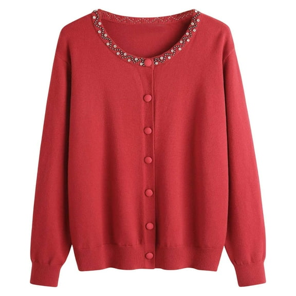 Arlun Womens Round Neck Beaded Knit Cardigans Single Loose Long Sleeve Sweater Fall Winter Lightweight Soft Comfy Jumper Thick Tops 2025 Fashion Clothes Red XL