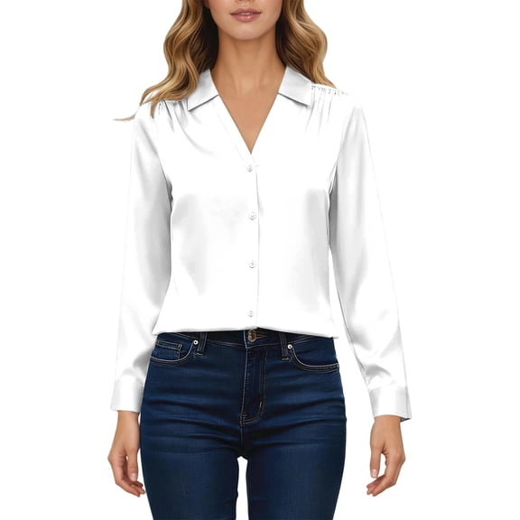 Arlun Womens Satin Button down T-Shirts Solid Color Work Dressy Business Casual Blouses Lapel V-Neck Long Sleeve Lightweight Soft Comfy Tops for Early Spring White L