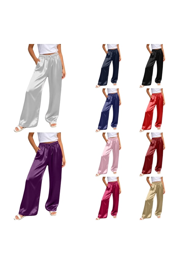 Womens Satin Wide Leg Pants Elastic Drawstring Waist Lightweight Smooth Casual Trousers Solid Color Soft Breathable Long Pant with Pockets for Work Party Evening Daily Wear 1-White XXL