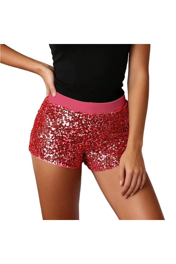 Arlun Womens Sequin Shorts Summer Elastic High Waisted Sparkly Flip Glitter Short Pants Ladies Shiny Party Birthday Carnival Clothes Lightweight Comfortable Shorts Red2 One Size