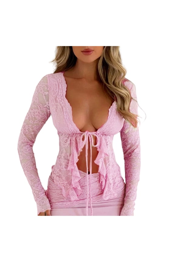 ,Womens Sexy Lace Sheer T Shirts Trendy Deep V-Neck Long Sleeve Stretchy Tight Tshirts Ladies Solid Color Drawstring Tie Comfortable Breathable Thin Tops Pink XL