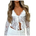 thumbnail image 1 of Arlun,Womens Sexy Lace Sheer T Shirts Trendy Deep V-Neck Long Sleeve Stretchy Tight Tshirts Ladies Solid Color Drawstring Tie Comfortable Breathable Thin Tops White XL, 1 of 6