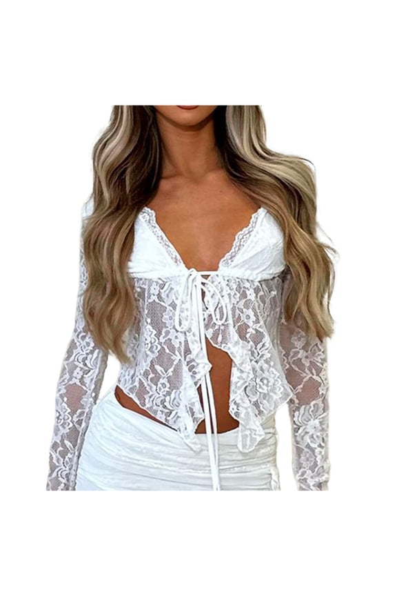 ,Womens Sexy Lace Sheer T Shirts Trendy Deep V-Neck Long Sleeve Stretchy Tight Tshirts Ladies Solid Color Drawstring Tie Comfortable Breathable Thin Tops White XL