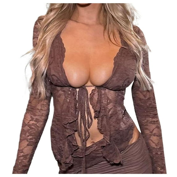 Arlun,Womens Sexy Lace Sheer T Shirts Trendy Deep V-Neck Long Sleeve Stretchy Tight Tshirts Ladies Solid Color Drawstring Tie Comfortable Breathable Thin Tops Brown M