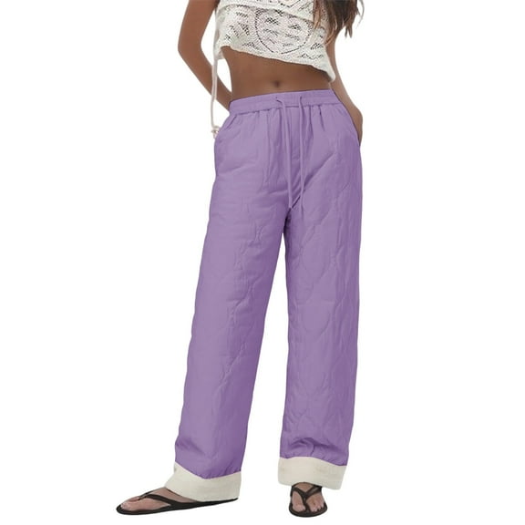 Arlun Womens Sherpa Lined Pants Quilted Wide Leg Trousers Winter down Ski Waterproof Warm Straight Long Pants with Pockets Cold-Proof Padded Cozy Pure Casual Clothes Purple XL