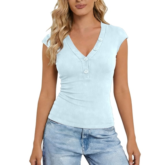Arlun Womens Short Sleeve Tops Button up V-Neck Henley Solid Color Stretch Tight T Shirts Slim Fit Casual Summer Tops Basic Tee Shirts Light Blue M