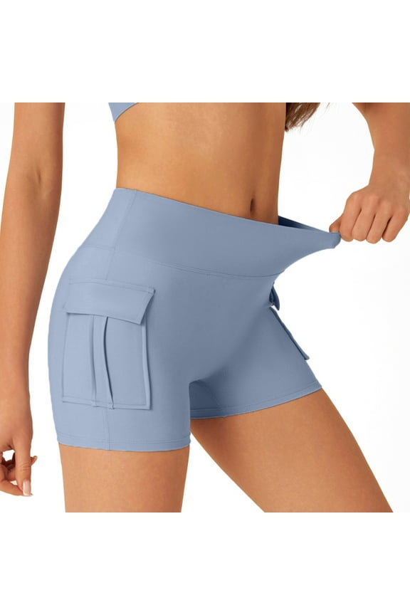 Womens Stretch High Waist Yoga Shorts with Pockets Tummy Control Lifting Tight Shorts Lightweight Breathable Solid Color Seamless Leggings for Gym Fitness Running Blue XXL