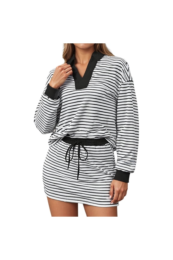 Womens Striped 2 Piece Outfits Casual Sweatshirt Skirt Set V-Neck Long Sleeve and Stretch Short Skirts Loose Fit Soft Comfy Workout Matching Loungewear Sets 1-Black M