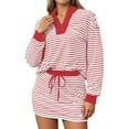 thumbnail image 1 of Arlun Womens Striped 2 Piece Outfits Casual Sweatshirt Skirt Set V-Neck Long Sleeve and Stretch Short Skirts Loose Fit Soft Comfy Workout Matching Loungewear Sets 2-Red XL, 1 of 6