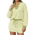 thumbnail image 1 of Arlun Womens Striped 2 Piece Outfits Casual Sweatshirt Skirt Set V-Neck Long Sleeve and Stretch Short Skirts Loose Fit Soft Comfy Workout Matching Loungewear Sets 2-Green XL, 1 of 6