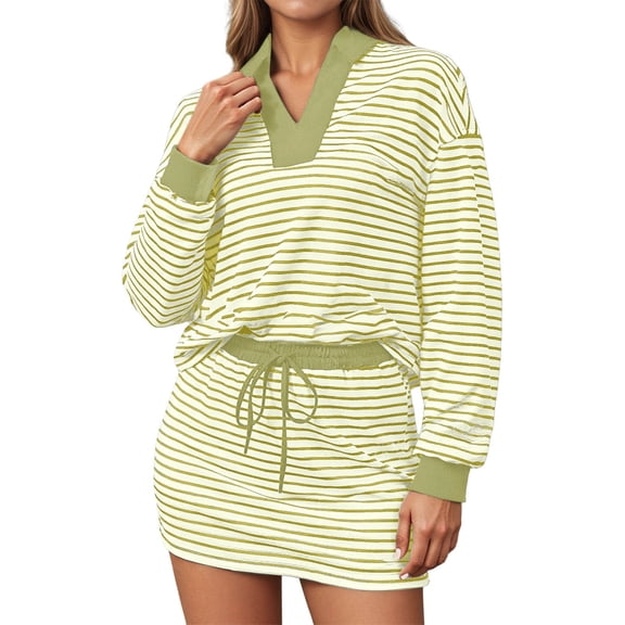Arlun Womens Striped 2 Piece Outfits Casual Sweatshirt Skirt Set V-Neck Long Sleeve and Stretch Short Skirts Loose Fit Soft Comfy Workout Matching Loungewear Sets 2-Green M