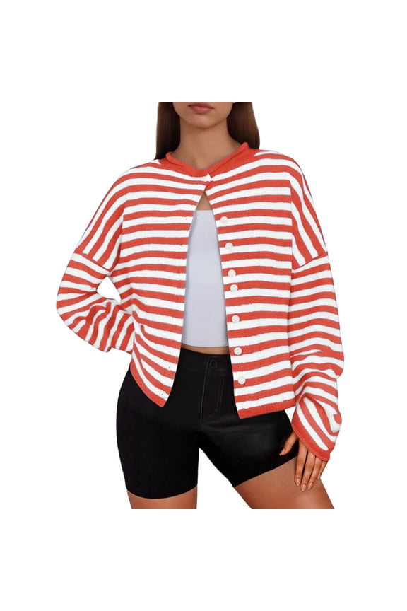 Womens Striped Cardigan Sweaters Casual Long Sleeve Open Front Button down Loose Knit Cardigans Lightweight Soft Comfortable Long Sleeve Fall Sweater Outwear Red L