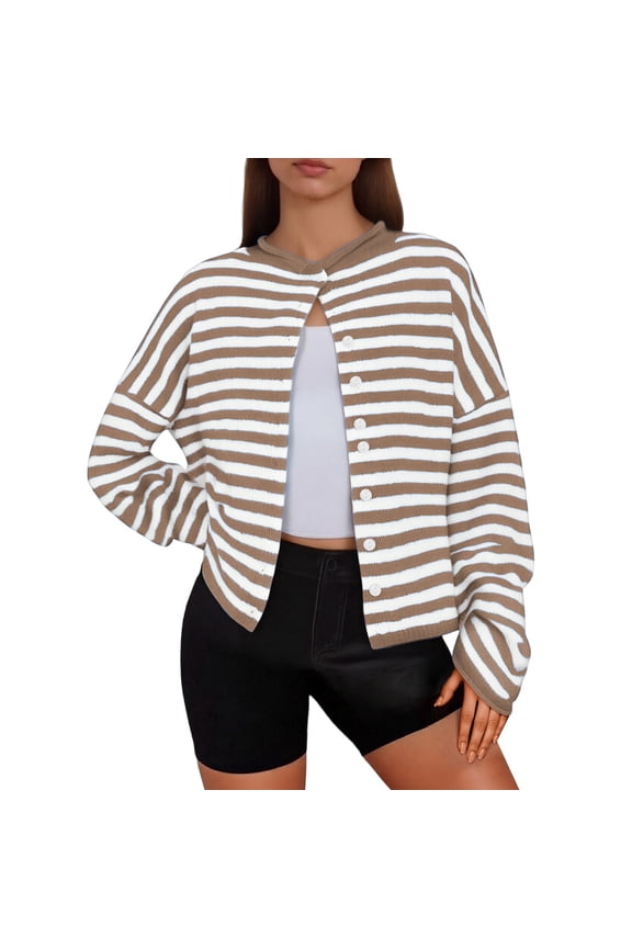 Womens Striped Cardigan Sweaters Casual Long Sleeve Open Front Button down Loose Knit Cardigans Lightweight Soft Comfortable Long Sleeve Fall Sweater Outwear Coffee M