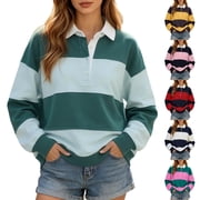 Arlun Womens Striped Color Block Polo Sweatshirts Lapel Collared Button up Long Sleeve Oversized Rugby Pullover Shirt Loose Soft Cozy Casual Tops 2026 Trendy Fall Clothes 1-Mint Green S