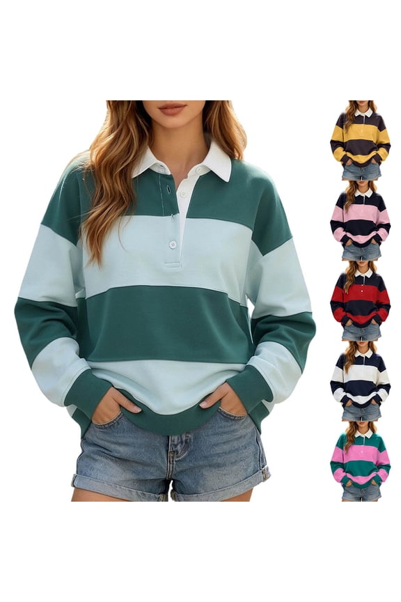 Womens Striped Color Block Polo Sweatshirts Lapel Collared Button up Long Sleeve Oversized Rugby Pullover Shirt Loose Soft Cozy Casual Tops 2026 Trendy Fall Clothes 1-Mint Green L