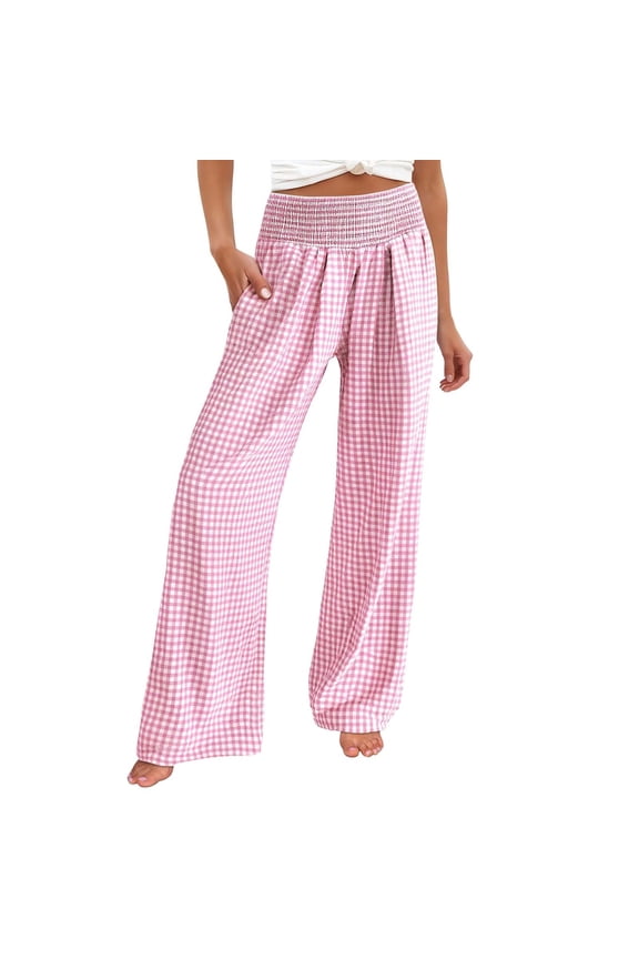 Womens Striped Gingham Palazzo Pants Wide Leg Elastic High Waisted Loungewear Pants Cute Checkered Print Lightweight Soft Comfy Casual Trousers with Pockets Pink XL