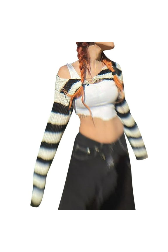 Womens Striped Knit Cropped Sweaters V-Neck Long Sleeve See Through Crochet Tops Stylish Openwork Lightweight Soft Comfort Cover up Smock Fall Tops White S