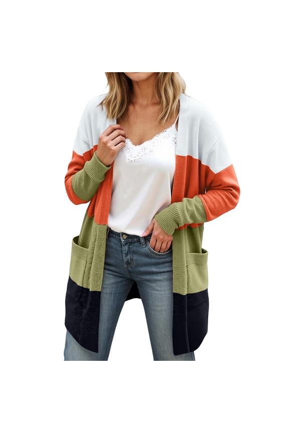 Womens Striped Patchwork Cardigan Sweaters Long Loose Fit Open Front Comfort Winter Fall Outwear Long Sleeve Soft Color Block Fashion Warm Knitted Coats with Pockets Orange L