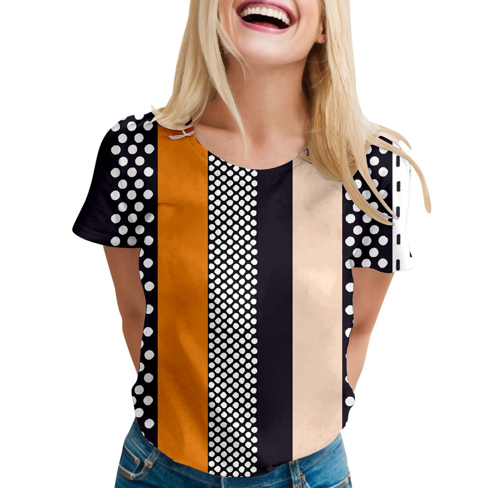 Plus Size Clothing Shirts 2026.Arlun Womens Striped Print Short Sleeve Tops Trendy Crewneck Patchwork ...