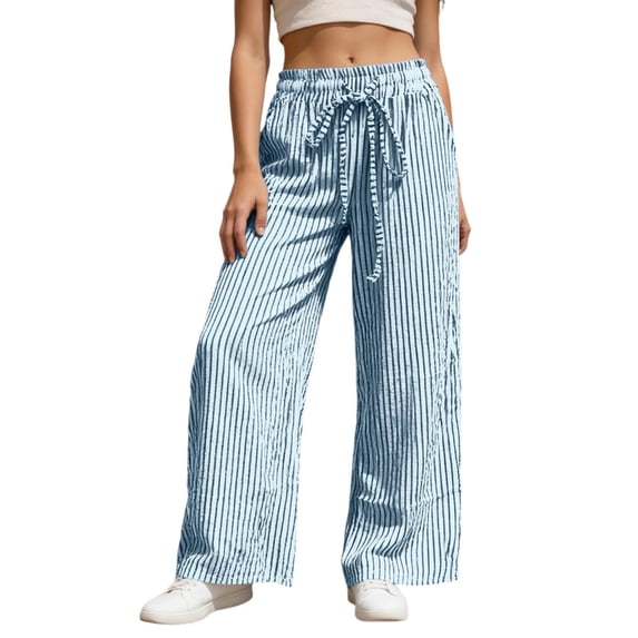 Arlun Womens Striped Print Wide Leg Palazzo Pants 2026 Early Spring Bottoms Drawstring High Waisted Lightweight Soft Comfy Trousers Trendy Holiday Beach and Daily Wear Sky Blue XL