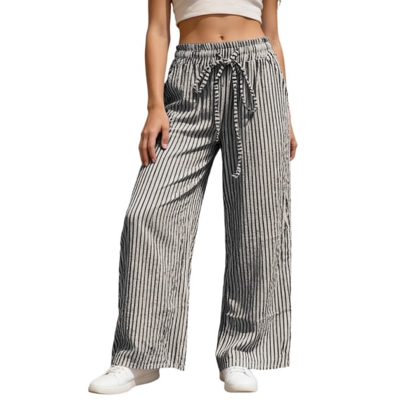 Arlun Womens Striped Print Wide Leg Palazzo Pants 2026 Early Spring Bottoms Drawstring High Waisted Lightweight Soft Comfy Trousers Trendy Holiday Beach and Daily Wear Black S