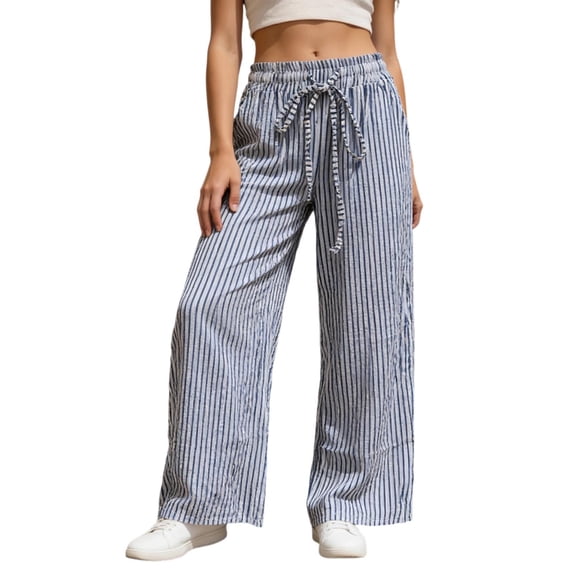 Arlun Womens Striped Print Wide Leg Palazzo Pants 2026 Early Spring Bottoms Drawstring High Waisted Lightweight Soft Comfy Trousers Trendy Holiday Beach and Daily Wear Blue XL