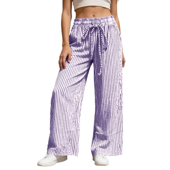 Arlun Womens Striped Print Wide Leg Palazzo Pants 2026 Early Spring Bottoms Drawstring High Waisted Lightweight Soft Comfy Trousers Trendy Holiday Beach and Daily Wear Pink M